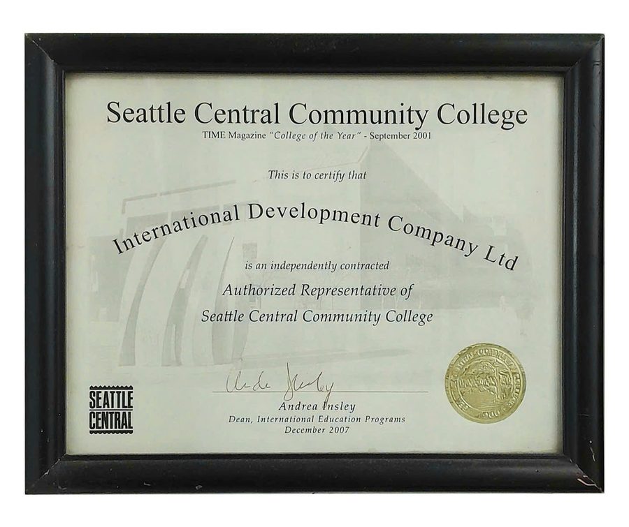 Chứng nhận đại diện được ủy quyền của Seattle Central Community College cho IDC VIETNAM